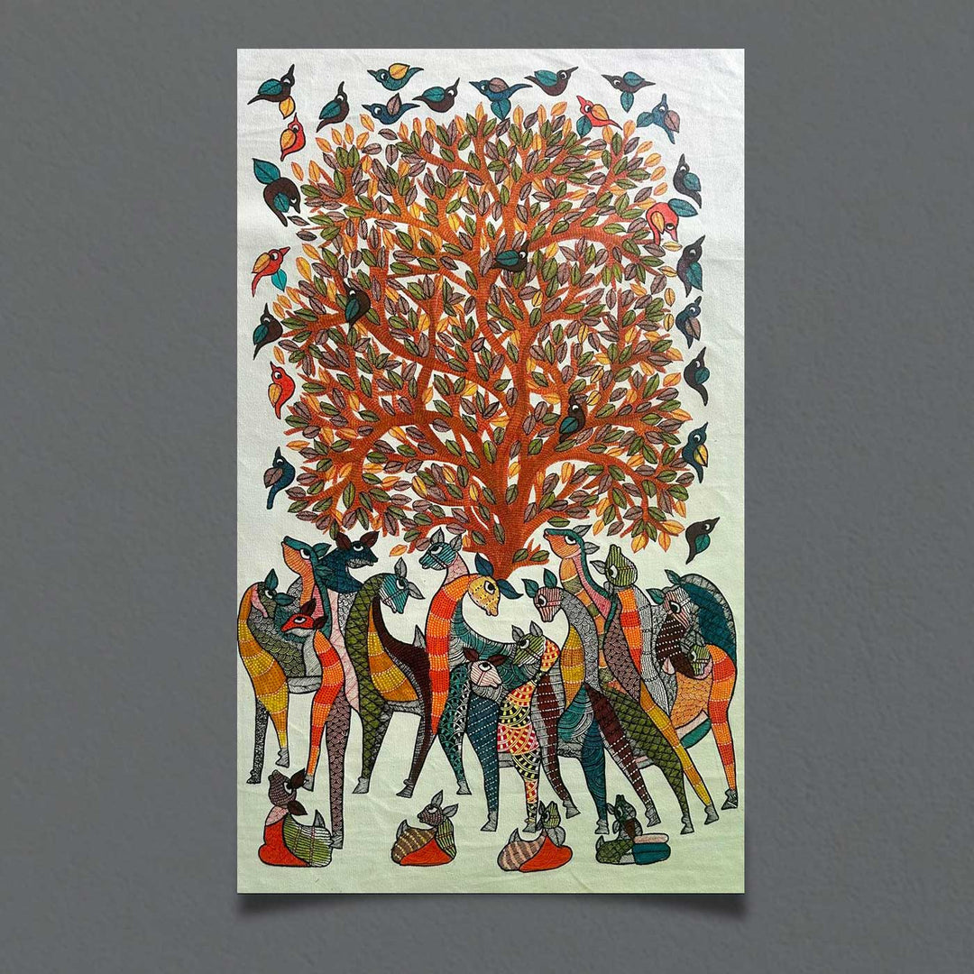 24 x 36 Inch | Giraffes & Birds | Original Hand Painted Tribal Gond Art Painting | Acrylic Paints On Paper