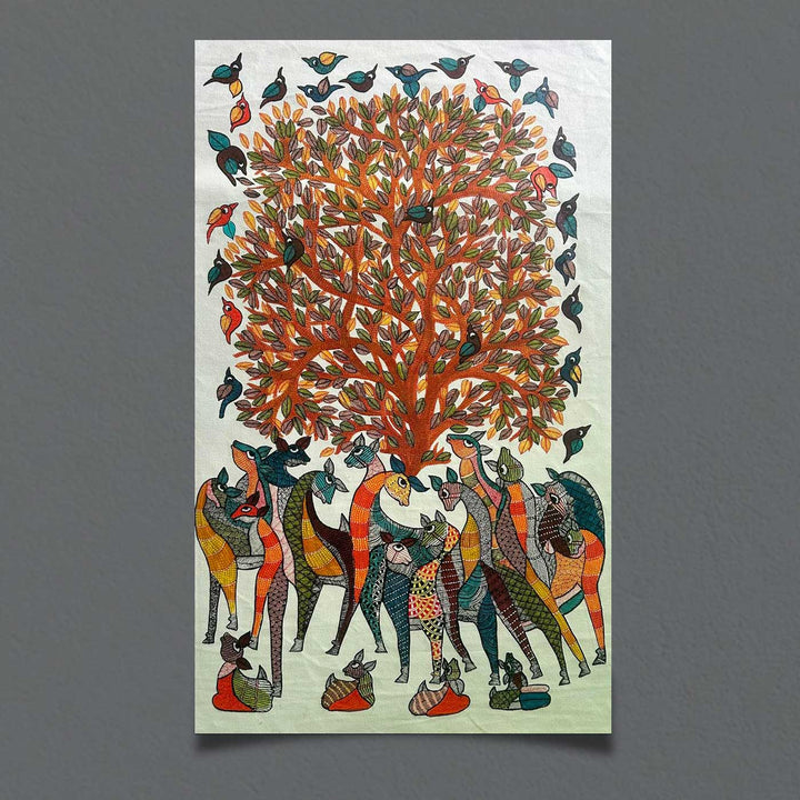24 x 36 Inch | Giraffes & Birds | Original Hand Painted Tribal Gond Art Painting | Acrylic Paints On Paper
