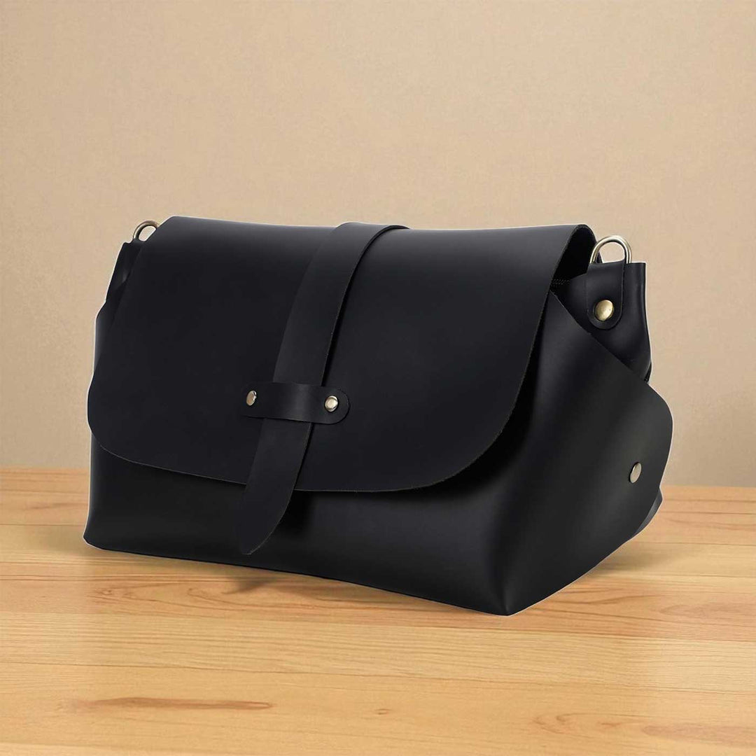 Handmade Solid Black Color Rexine Sling Bag