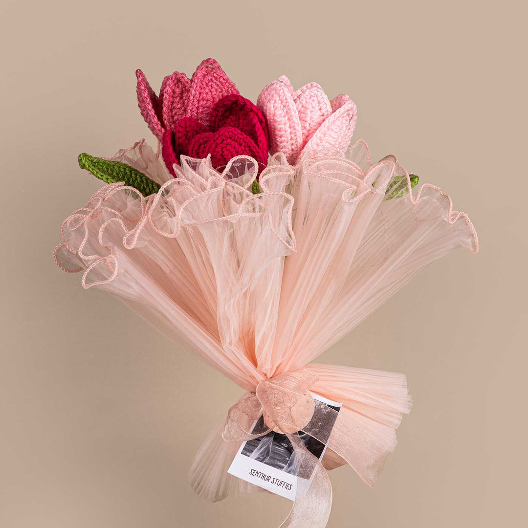 Handmade Crochet Tulips Together Flower Bouquet With Lights | Includes Photo & Greeting Card