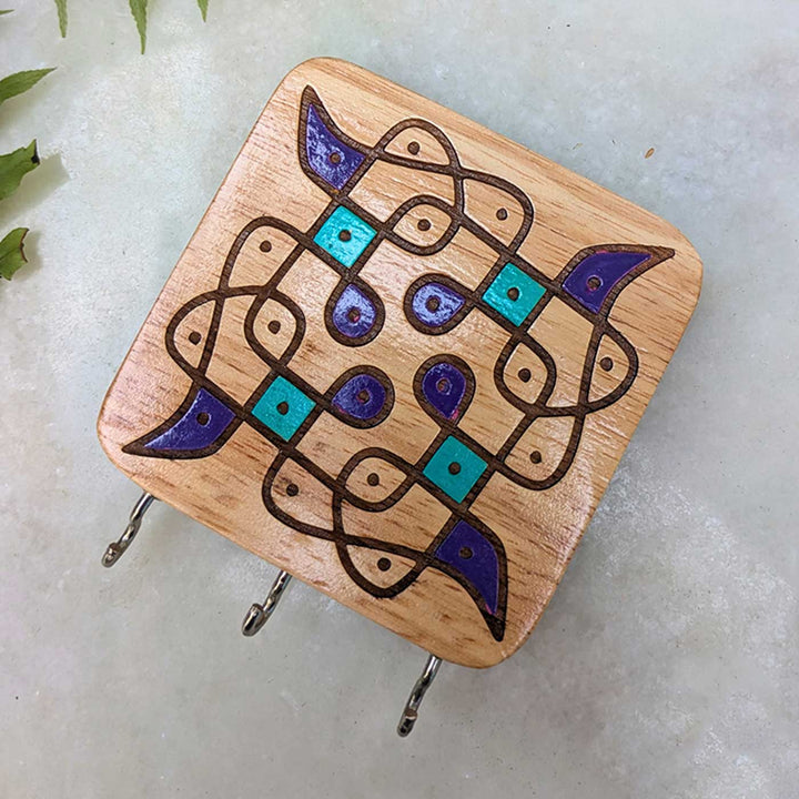 Hand-Painted Pinwheel Kolam Rubber Wood Wall Key Holder