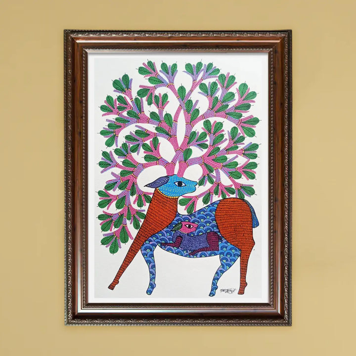 11 x 16 Inch | Deer With Tree | Original Hand Painted Tribal Gond Art Painting | Acrylic Paint On Paper