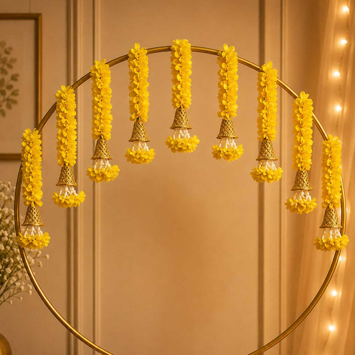 10 Pc | Yellow Floral Tassel Golden Circular Backdrop Decor Kit With Bells