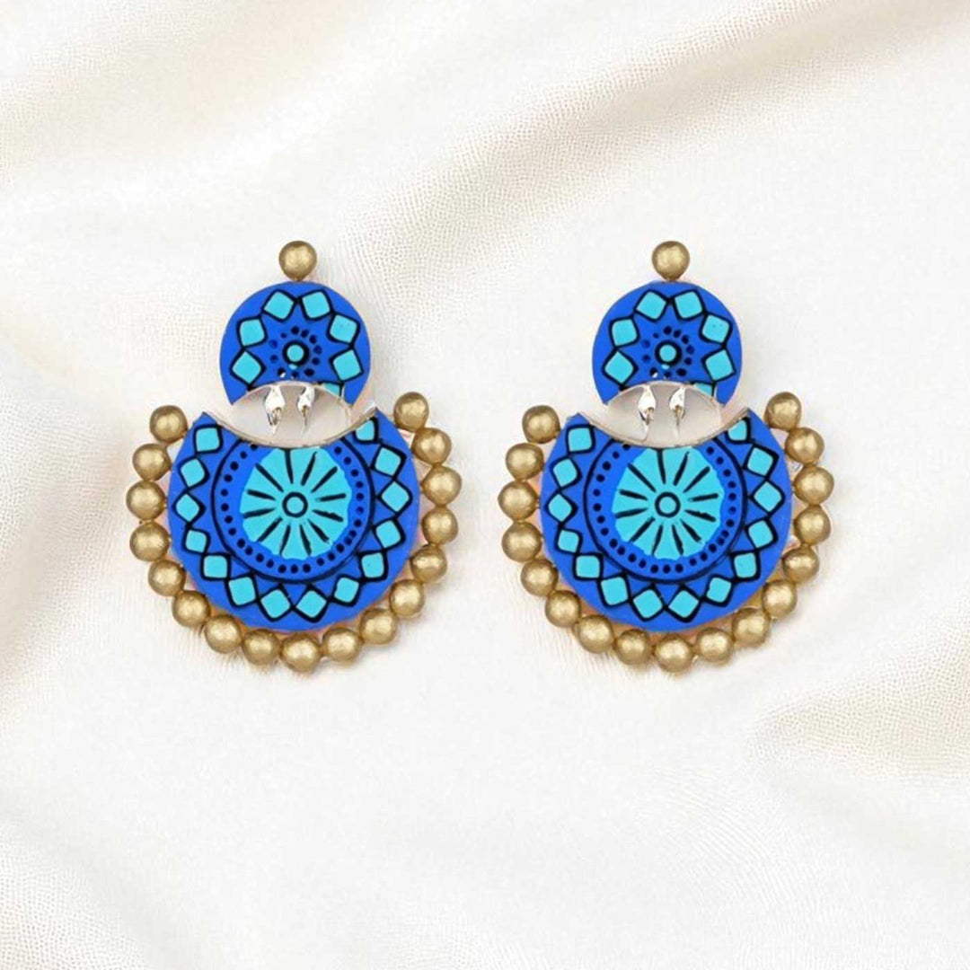 Handmade Beaded Blue Polka Terracotta Earrings