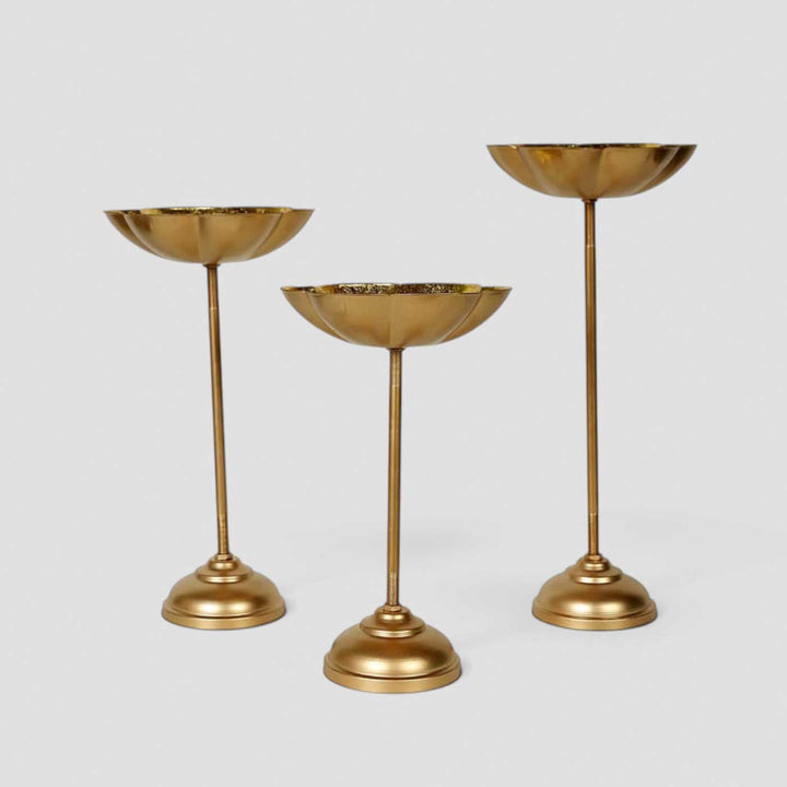 Set Of 3 | Handmade Gold Big Flower Iron Oil Lamp / Diya For Festive Decor