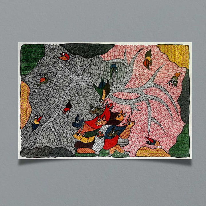 15 x 22 Inch | Nature’s Chorus | Original Hand Painted Tribal Gond Art Painting | Acrylic Paints On Paper