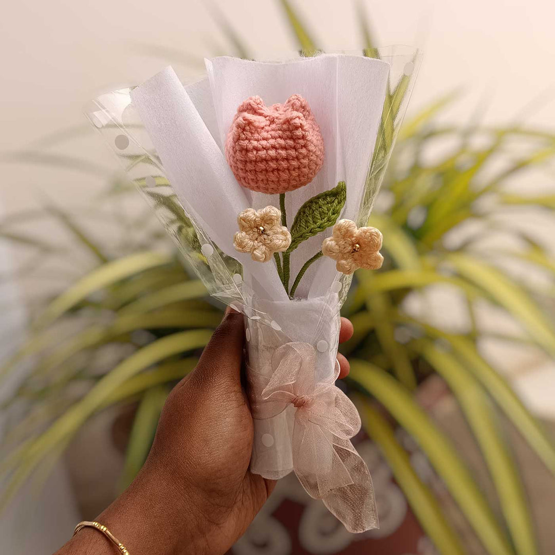 Handmade Crochet Peach Tulip Mini Flower Bouquet | Includes Photo & Greeting Card
