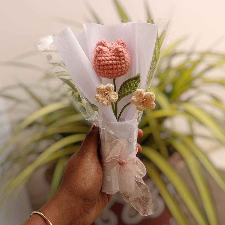 Handmade Crochet Peach Tulip Mini Flower Bouquet | Includes Photo & Greeting Card