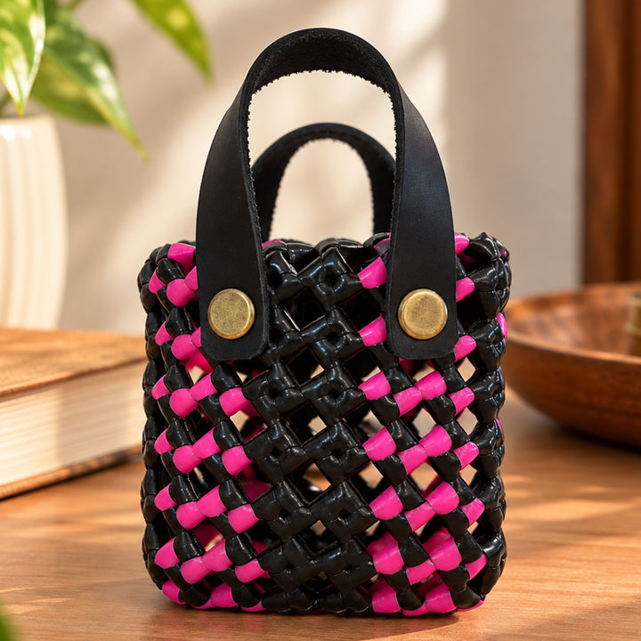 Handwoven Black & Pink Mini Koodai Bag Charm/Festive Gift Pouch