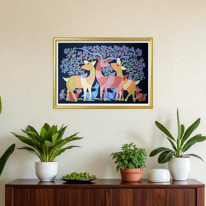 15 x 22 Inch | Birds & Deers | Original Hand Painted Tribal Gond Art Painting | Acrylic Paints On Canvas