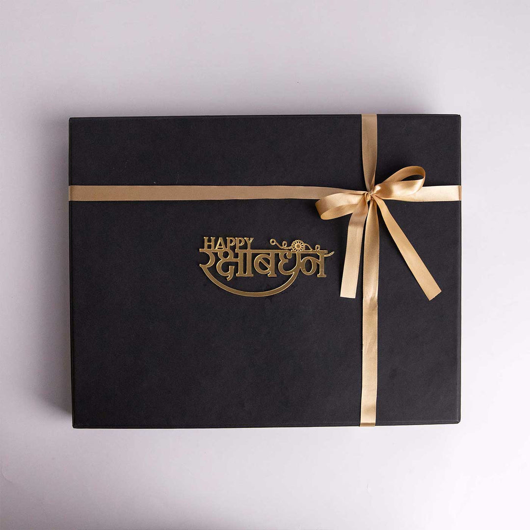 Photo Personalized Engraved Raksha Bandhan Theme Wooden Decorative Plaque Rakhi Hamper Includes 1 Rakhi 1 Plaque 1 Chocolate 1 Card And 1 Rakhi Plate - Black Gift Box Top View