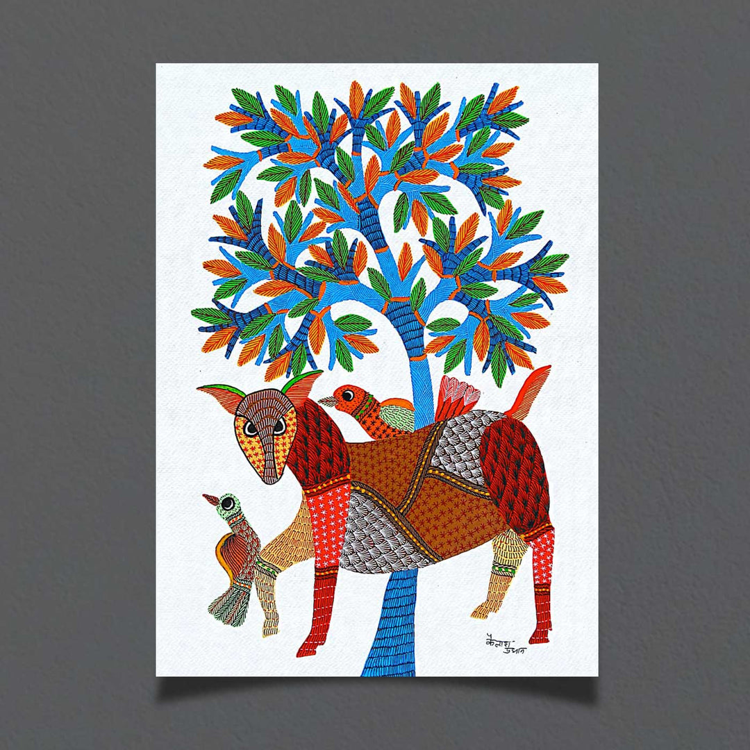 11 x 15 Inch | Animal, Birds & Tree | Original Hand painted Tribal Gond Art Painting | Acrylic Paints On Paper