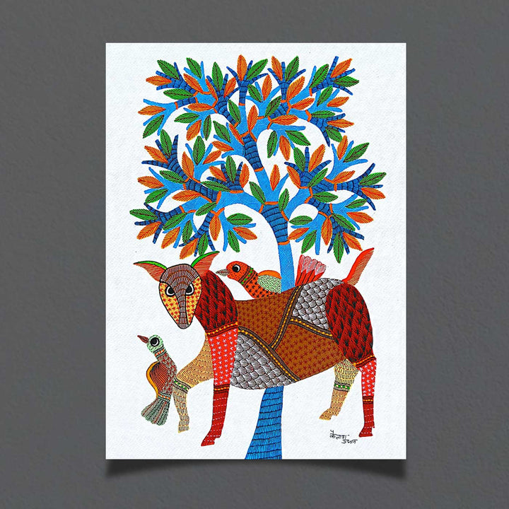 11 x 15 Inch | Animal, Birds & Tree | Original Hand painted Tribal Gond Art Painting | Acrylic Paints On Paper