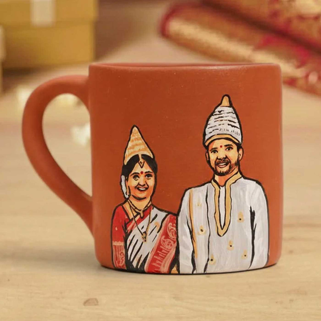 Bengali Couple Photo Personalized Handpainted Terracotta Mug | 280 Ml