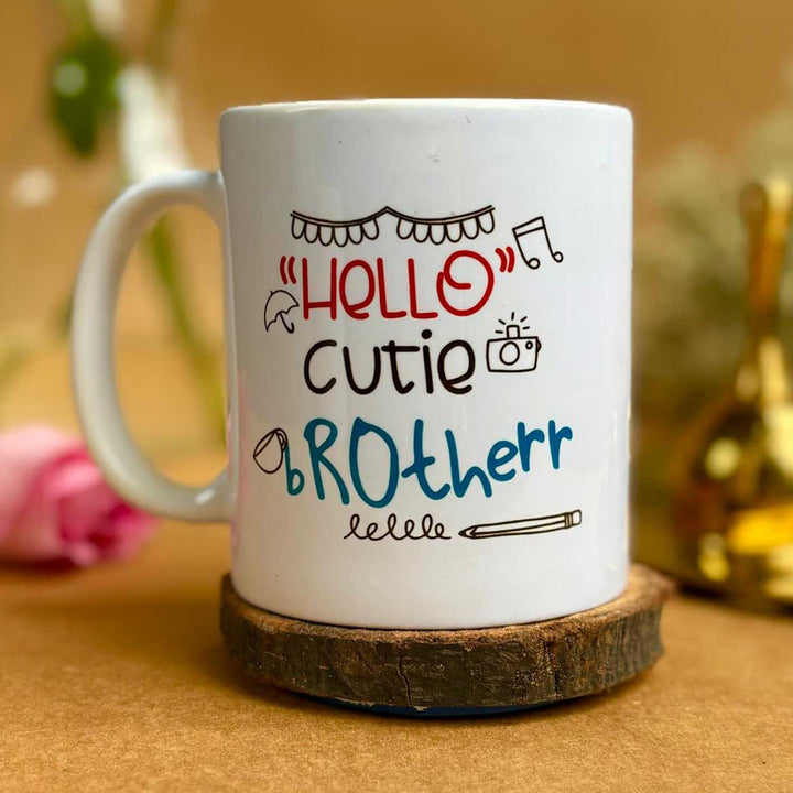 Photo Personalized Printed Cute Rakhi Hamper For Brother Includes 1 Plaque 1 Rakhi And 1 Mug - Mug Front View on Wooden Stand