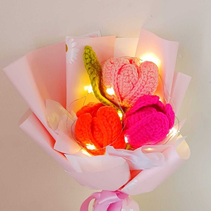 Handmade Crochet Sunset Sonata Theme Flower Bouquet With Lights