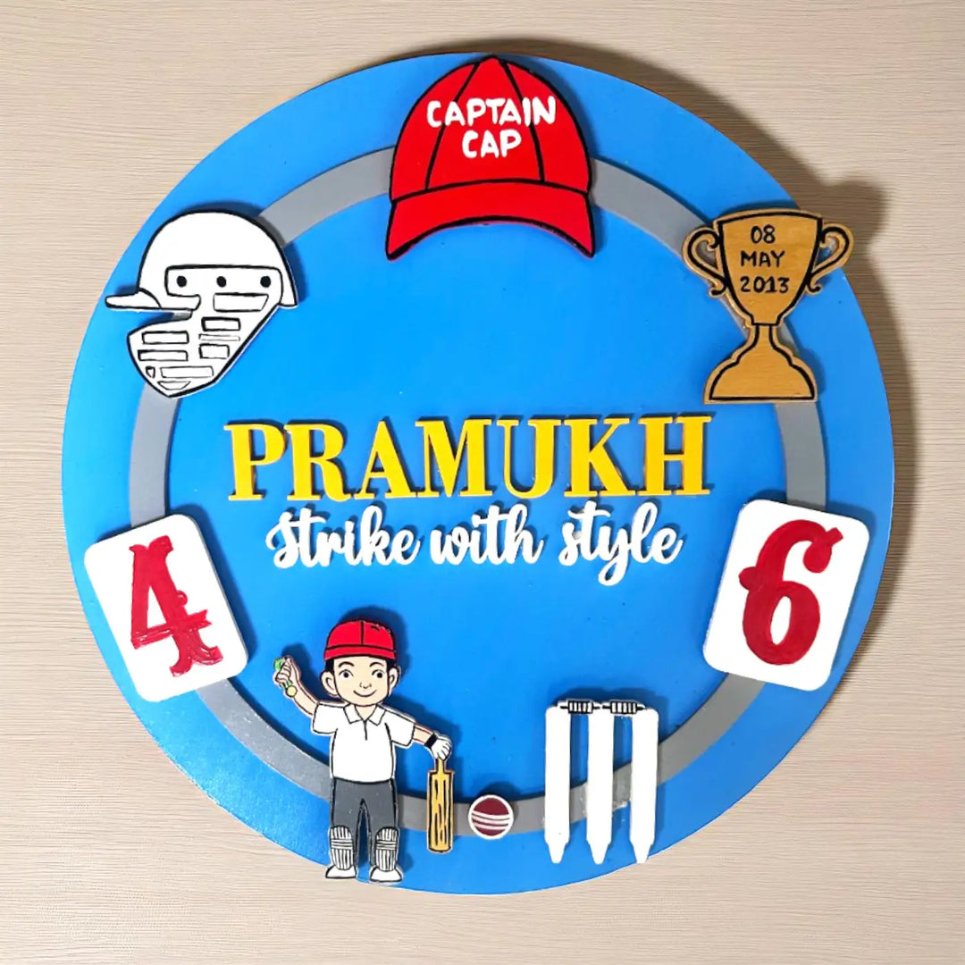 Personalized Cricket Theme MDF Wood Kids Name Plate