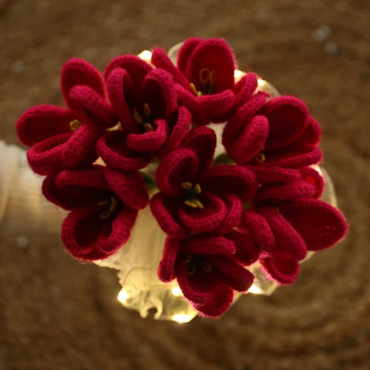 Handmade Crochet Acrylic Yarn Flower Bouquet With Fairy Light Wrap