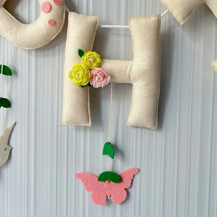 Personalized Birds And Butterflies Felt Bunting Garland For Kids - Hanging Wall Decoration Close-up