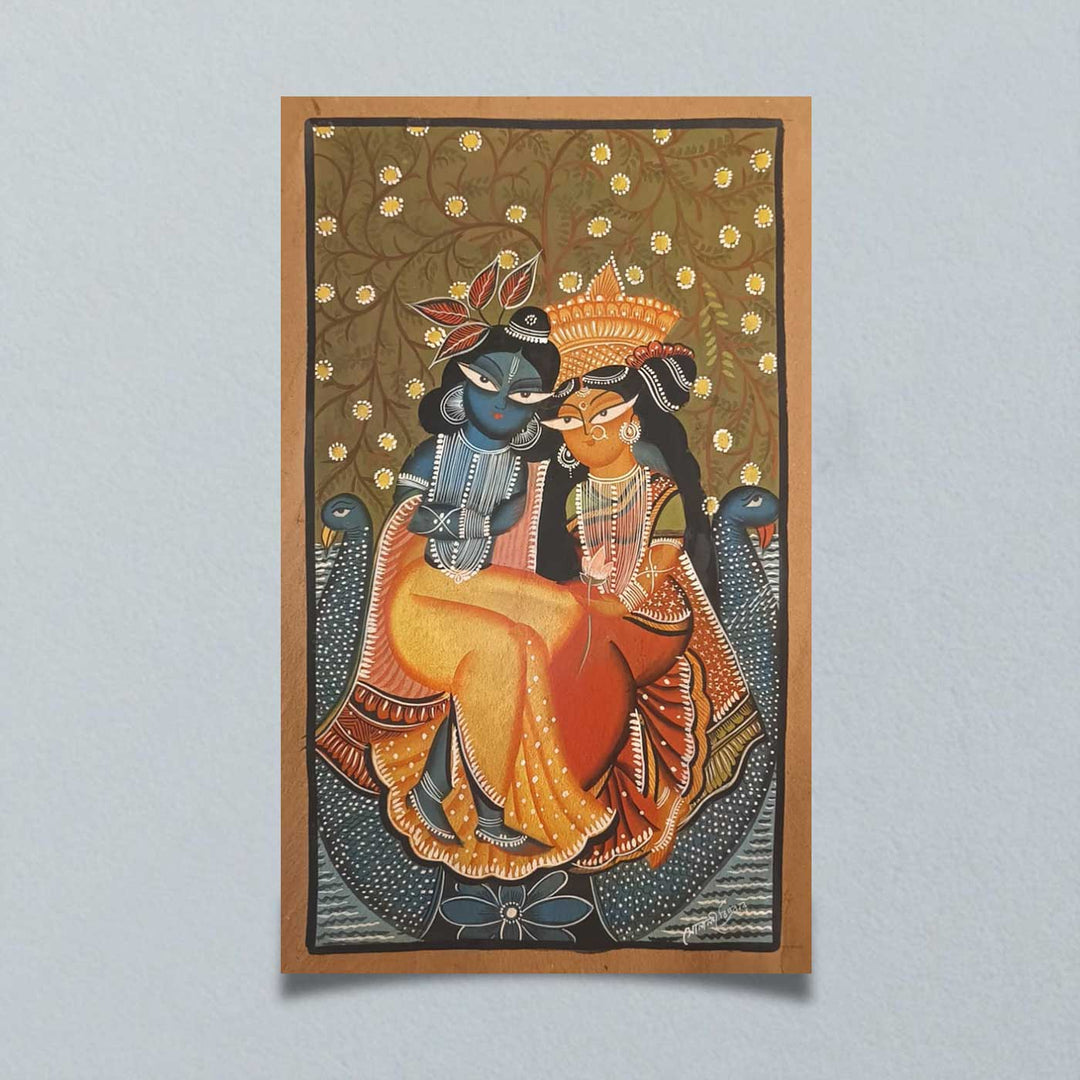 14 x 24 Inch | Radha Krishna Love | Original Hand Painted Kalighat Painting | Natural Pigment On Paper