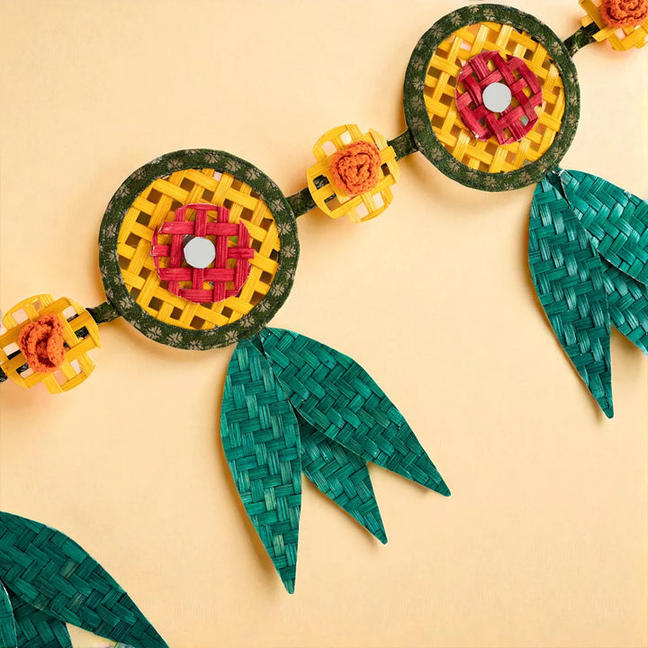 Multicoloured Mirror Embellished Eco-Friendly Handmade Woven Bamboo Hanging | 41 Inch x 9 Inch