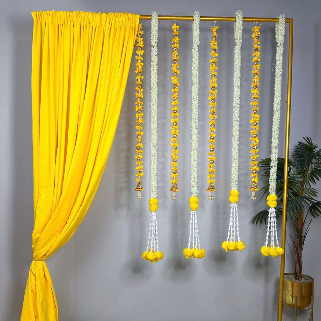 Traditional Yellow Backdrop Decor Kit With Drape, Yellow & White Tassels And Jasmine-Marigold Garlands