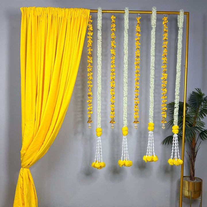 Traditional Yellow Backdrop Decor Kit With Drape, Yellow & White Tassels And Jasmine-Marigold Garlands