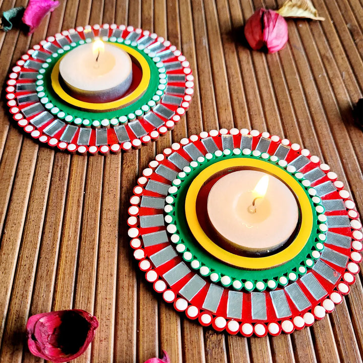 Hand-Painted Mirror Work Round MDF Wood Tealight Holder | Set Of 2