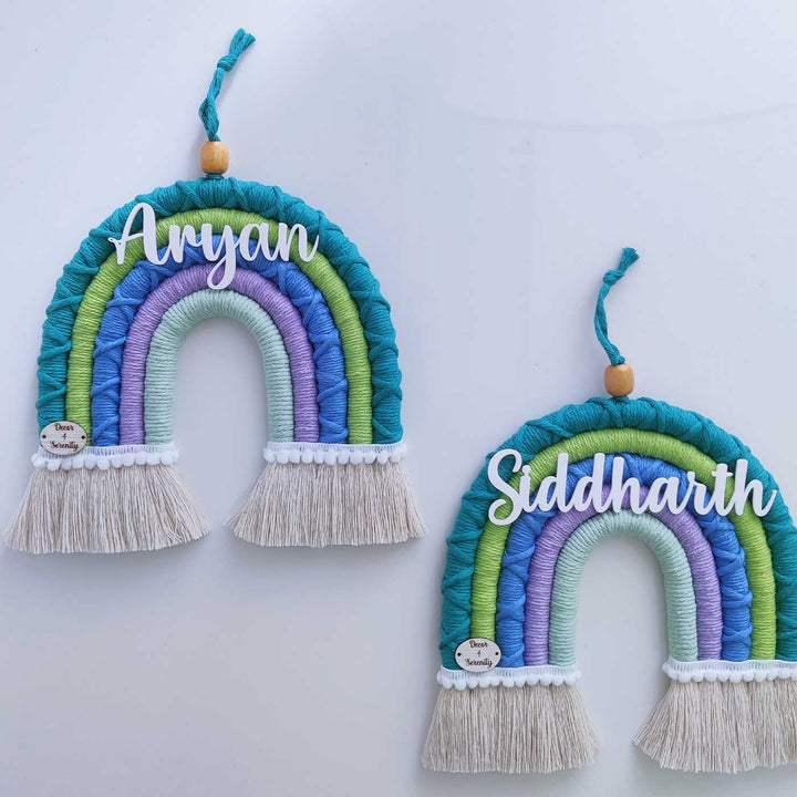 Personalized Handmade Macrame Green & Purple Rainbow Kids Name Plate With 3D Letters