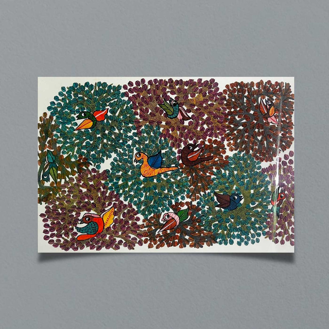 15 x 22 Inch | Birds & Tree | Original Hand Painted Tribal Gond Art Painting | Acrylic Paints On Paper