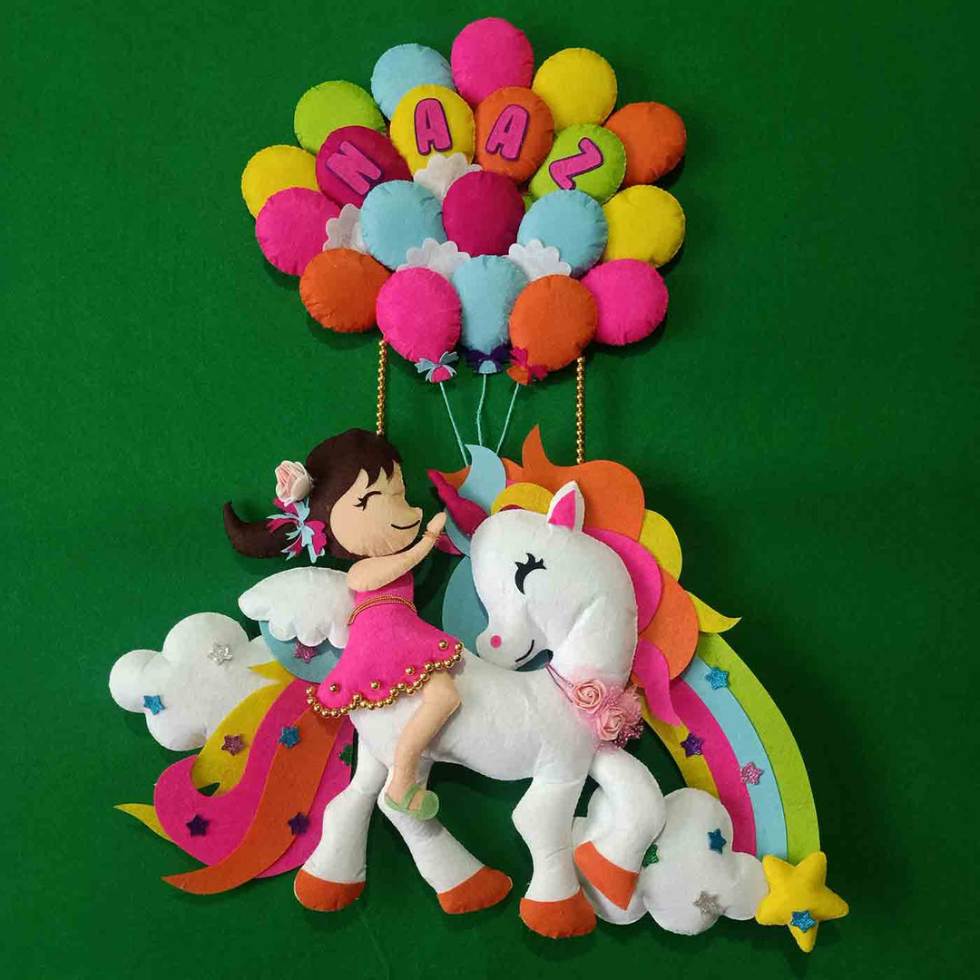 Handcrafted Personalized Felt Name Plate for Kids | Unicorn with Balloons