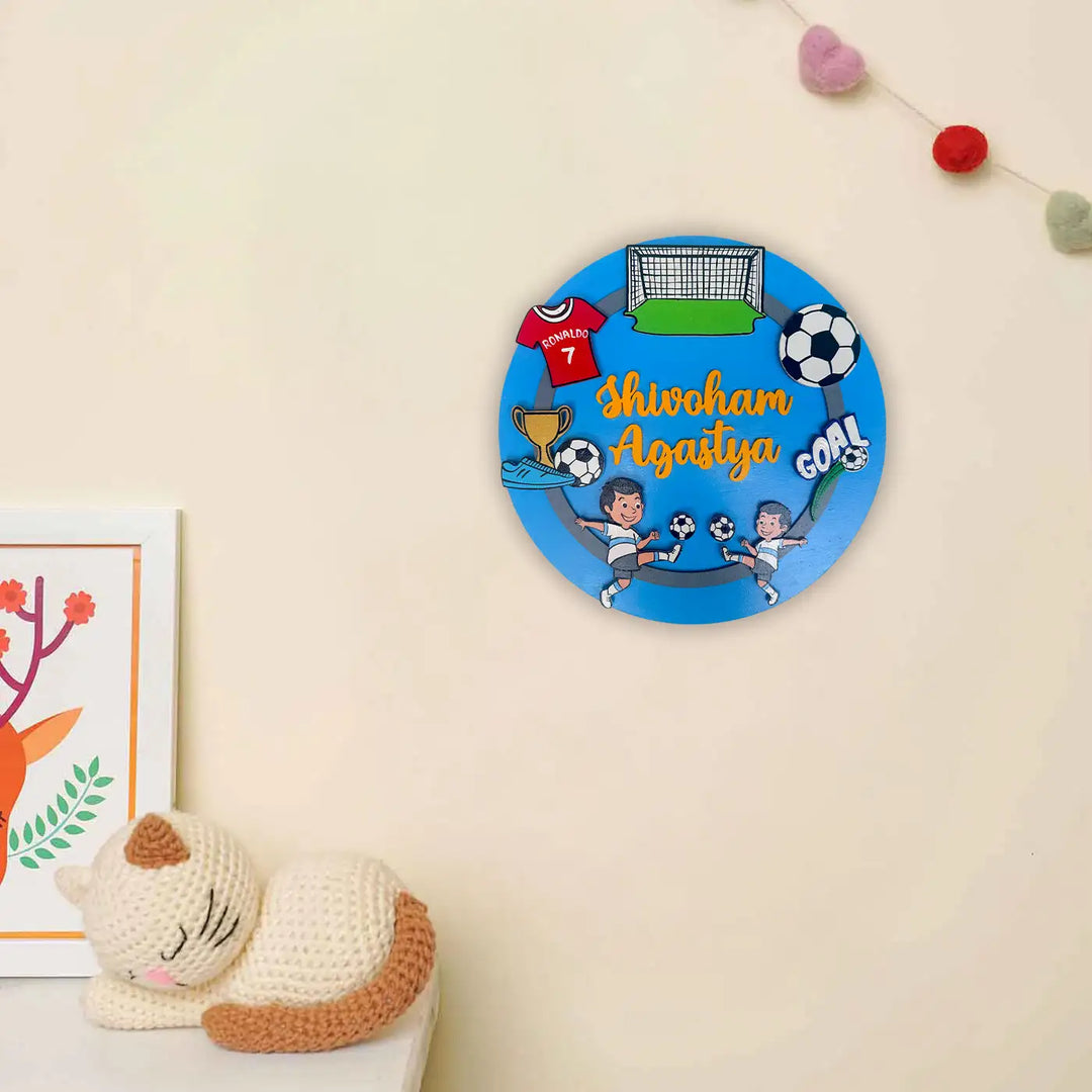 Personalized Football Theme MDF Wood Kids Name Plate For Siblings