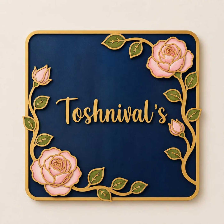 "Blooming Roses" Handcrafted Personalized MDF Wood Name Plate For Home