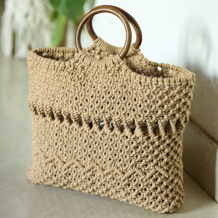 Handmade Macrame Tote Bag With Wooden Handle
