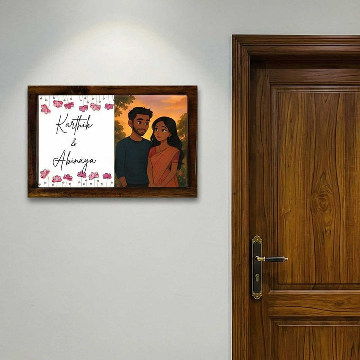 Couple With Floral Caricature Photo Personalized Resin Wooden Frame Name Plate