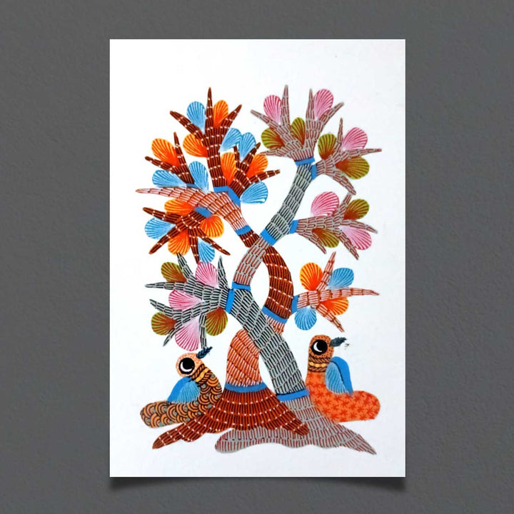 6 x 8 Inch | Bird & Tree | Original Hand painted Tribal Gond Art Painting | Acrylic Paints On Paper