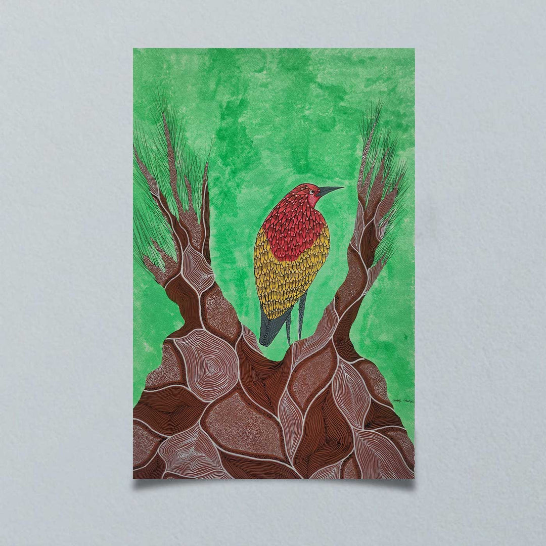 16 x 23 Inch | Tree Guardian Bird | Original Hand Painted Tribal Gond Art Painting | Acrylic Paints On Paper