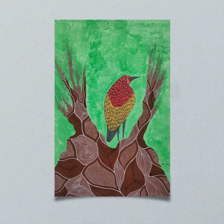 16 x 23 Inch | Tree Guardian Bird | Original Hand Painted Tribal Gond Art Painting | Acrylic Paints On Paper