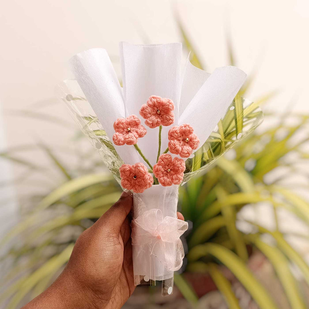 Handmade Crochet Peach Blossom Mini Flower Bouquet | Includes Photo & Greeting Card