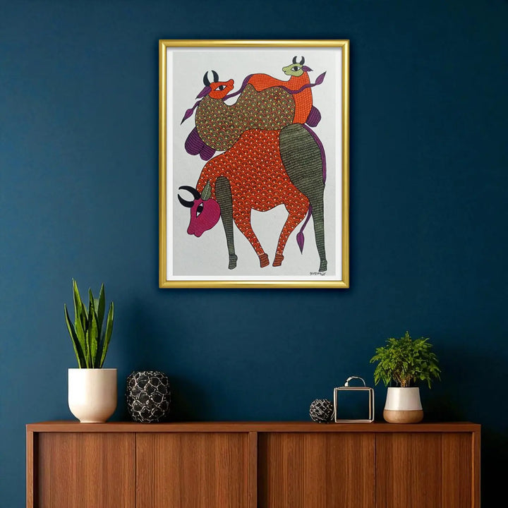11 x 16 Inch | Cow & Calves | Original Hand Painted Tribal Gond Art Painting | Acrylic Paint On Paper