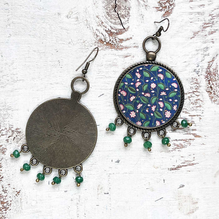 Blue Floral Pichwai Lotus Design Metal Earrings