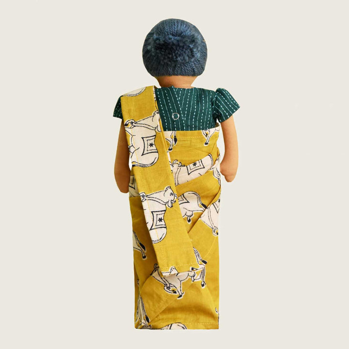 Nilah's Patti (Grandmother) In Yellow & Green Saree | Soft Hand-Stitched Sustainable Indian Play Doll