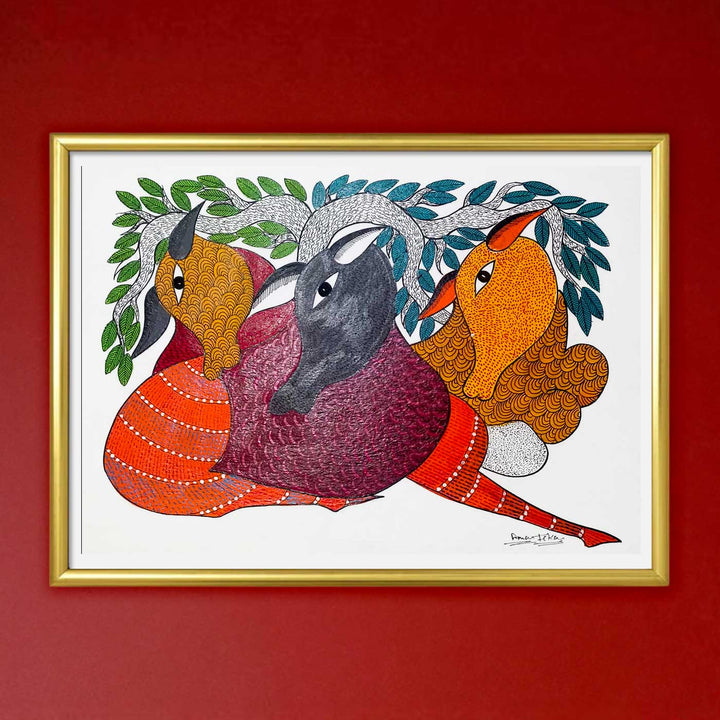 11 x 15 Inch | In the Shade of the Tree | Original Hand Painted Tribal Gond Art Painting | Acrylic Paints On Paper