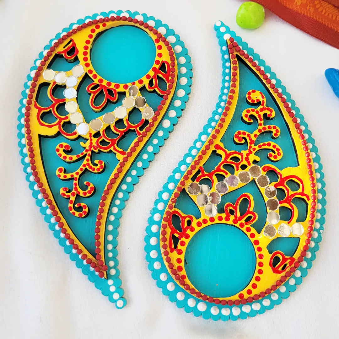Hand-Painted Mirror Work Paisley Shaped MDF Wood Tealight Holder | Set Of 2