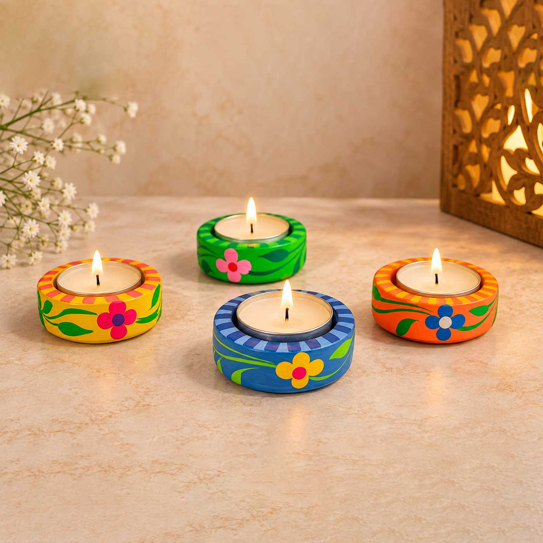 12 pc | Hand-Painted Colourful Floral Clay Tealight Holders for Festive Decor