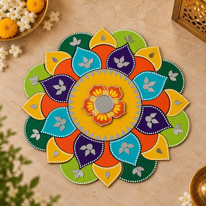 15 Inch Reusable Rangbahar Mirror Work Floral Mandala MDF Rangoli with Optional Tealight Holders