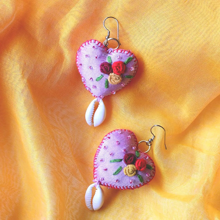 Handmade Textile Art Heart Shaped Dupion Silk Fabric Earrings