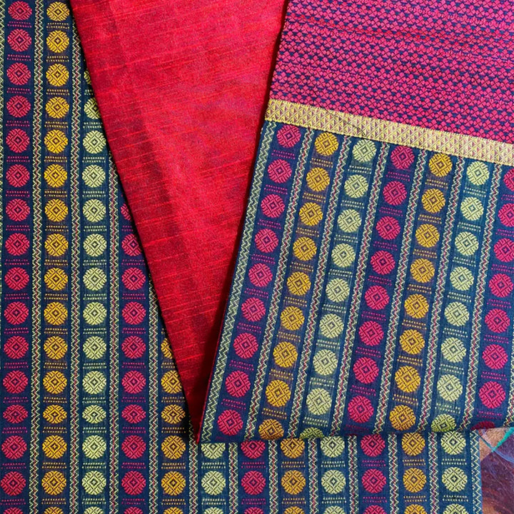 Handmade Colorful Rudraksha Design Khunn Fabric Cotton Table Runner | 13 x 60 Inch