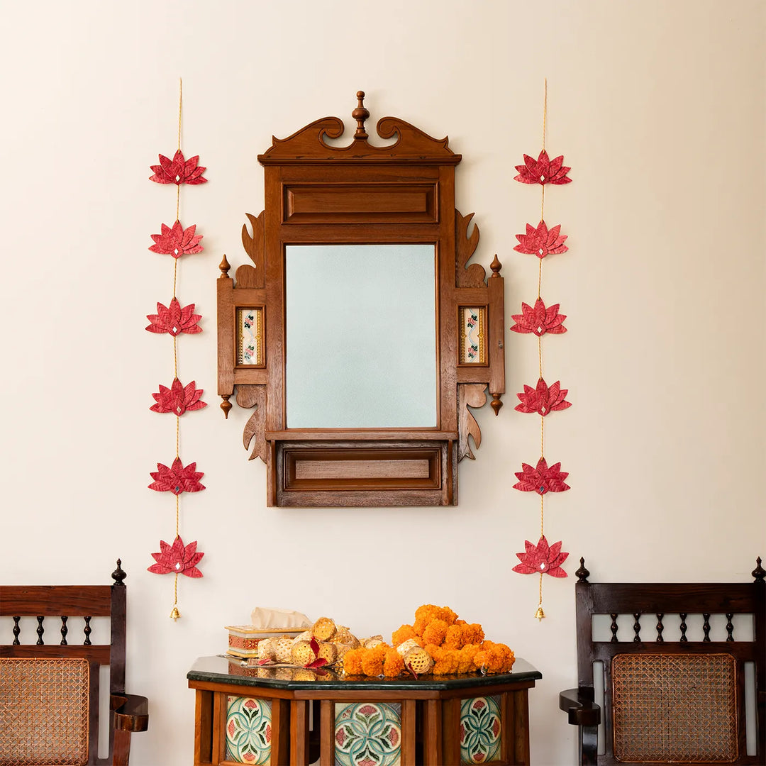 Lotus & Mirror Embellished Eco-Friendly Handmade Woven Bamboo Hanging | 45 Inch x 2 Inch | Set Of 2