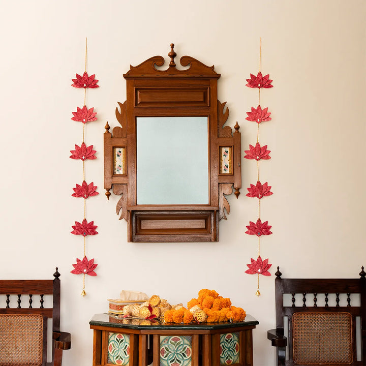 Lotus & Mirror Embellished Eco-Friendly Handmade Woven Bamboo Hanging | 45 Inch x 2 Inch | Set Of 2